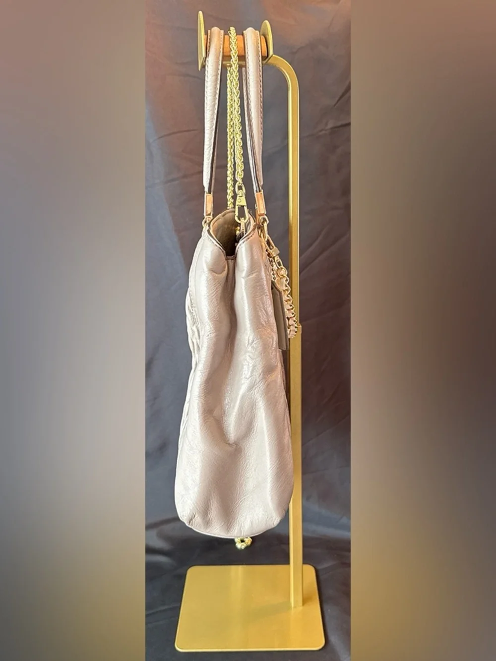 COACH Madison Madeline Taupe Ruched Leather Crossbody Bag with Gold Color Chain - Picture 4 of 12